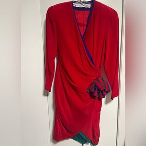 Vintage 80s Pia Rucci Red Draped Long Sleeve Dress
